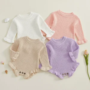 Infant Knitted Bodysuit with Ruffled Sleeves and Round Neckline Solid Color Sweater Jumpsuit for Baby Girls
