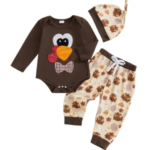 3Pcs Infant Baby  Thanksgiving Outfits Long Sleeve Turkey Print Romper Pants Hat Set for Newborns