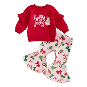 Cute Baby Girl Long Sleeve Round Neck Elastic Waist Bow Print Flare Pants Outfit for Christmas